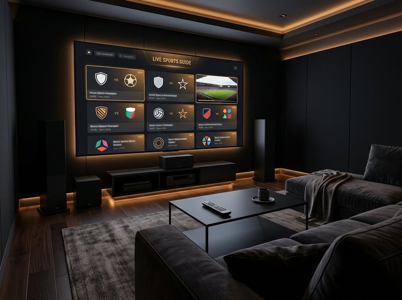 A large flat screen TV with a sports guide on it.