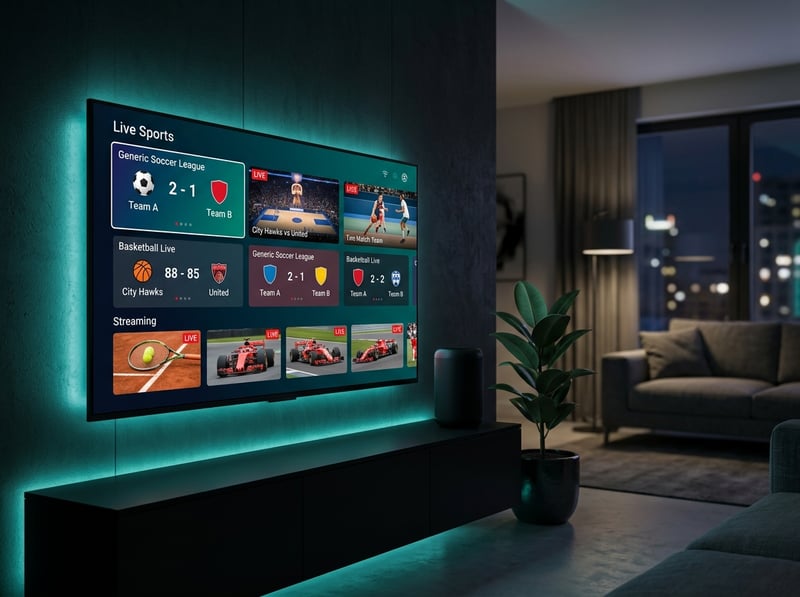 A flat screen TV displaying a sports channel with the word Live Sports on the screen.