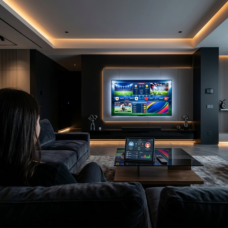 A woman is sitting on a couch in front of a flat screen TV with a laptop on her lap.