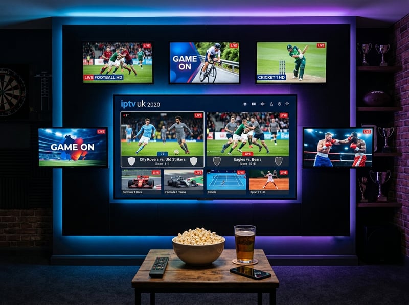 A table with a bowl of popcorn and a glass of beer in front of a wall of televisions displaying sports.