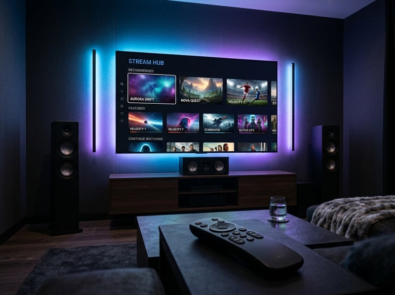 A large flat screen TV with a purple light underneath it.