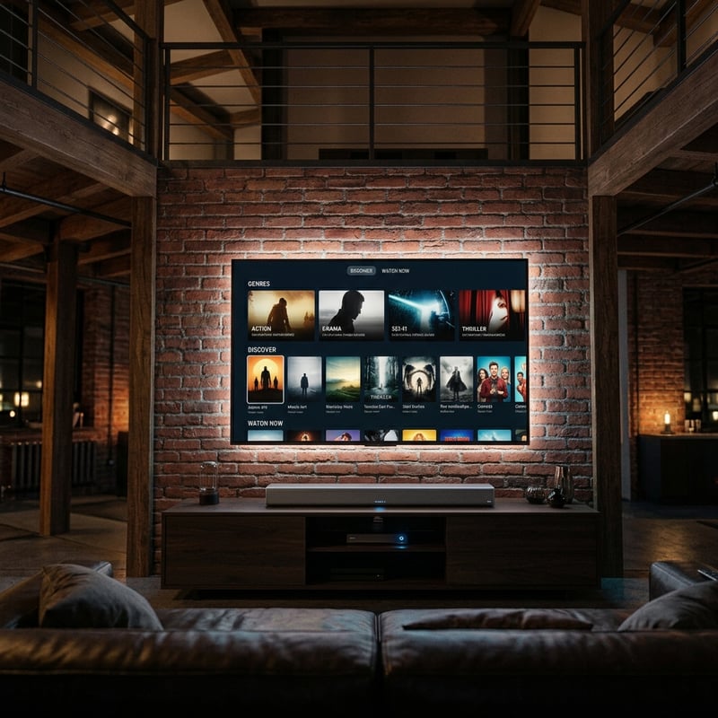 A large flat screen TV with a brick wall behind it.