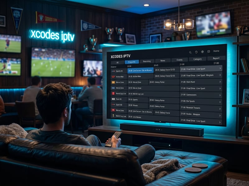 A man is sitting in a living room in front of a large flat screen TV that is displaying the IPTV menu.