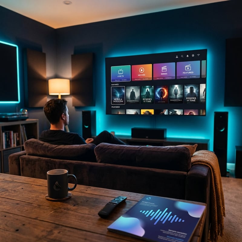 A man sits on a couch in front of a large flat screen TV that is displaying a menu of IPTV options.