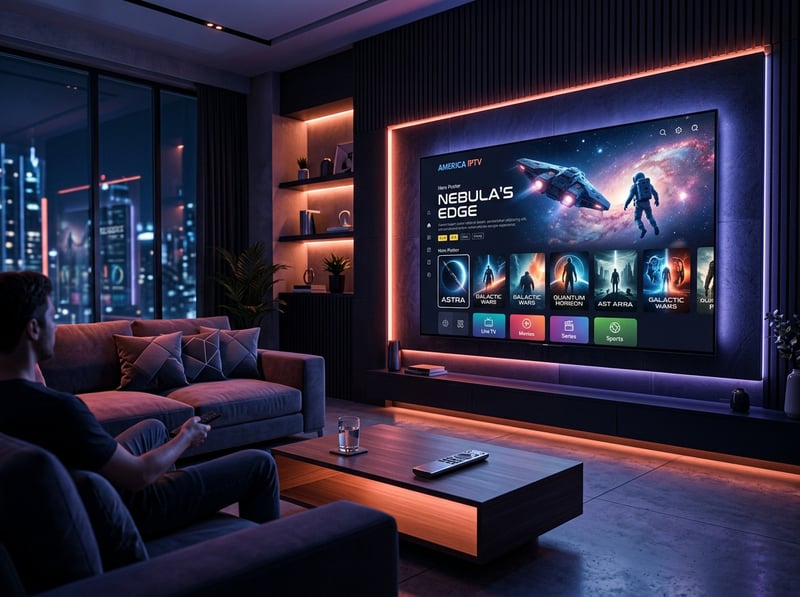 A man is sitting on a couch in front of a large flat screen TV that is displaying the menu for an IPTV service.