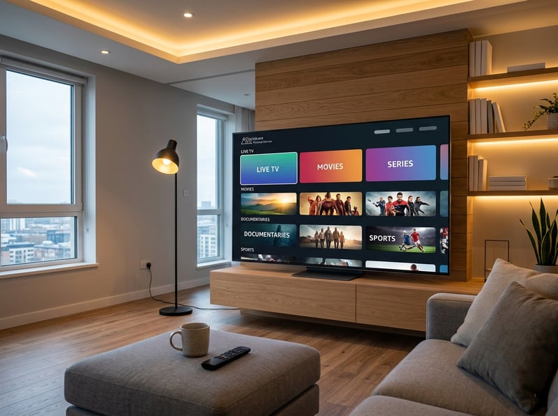A large flat screen TV with a menu of movies and shows on it.