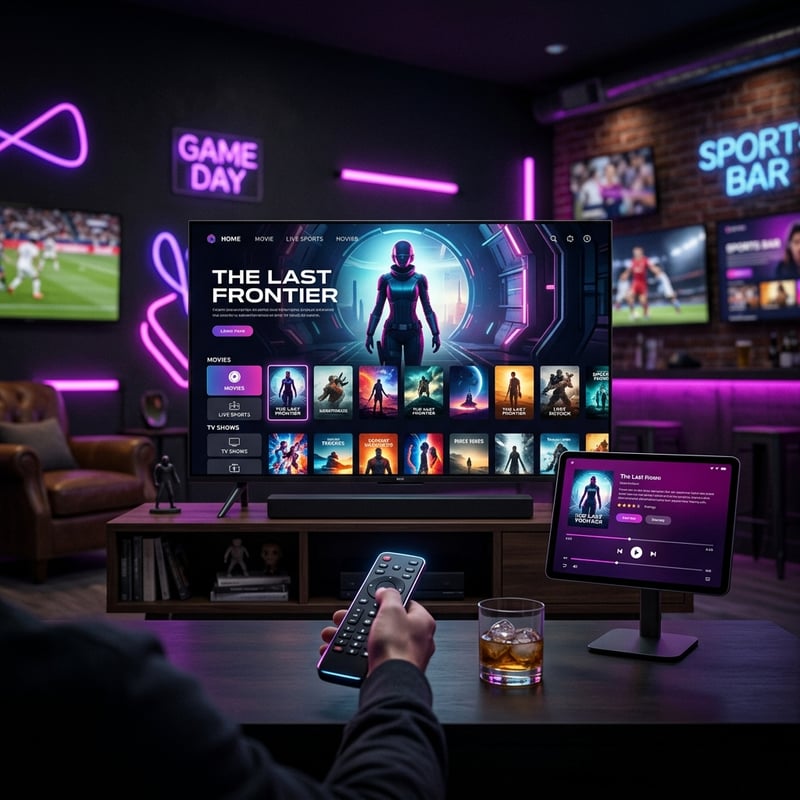 A man is holding a remote control in front of a TV that is displaying the last frontier.