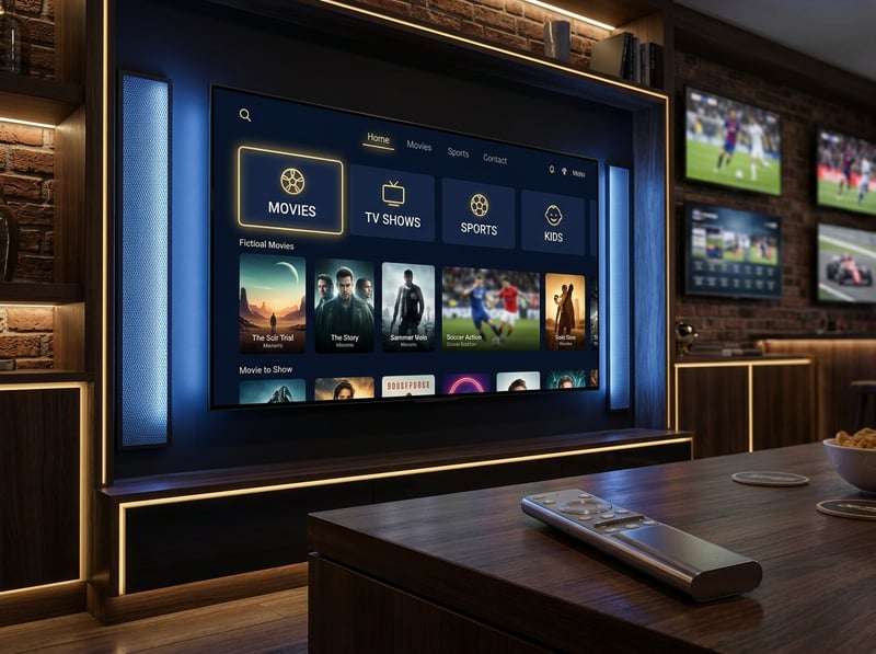 A flat screen TV with a menu on it that says movies, tv shows, sports, kids and more.