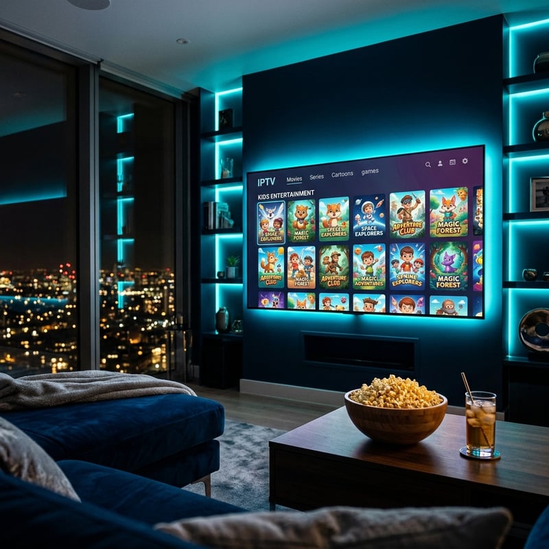 A large flat screen TV with a blue frame and a blue background displaying a selection of cartoons.