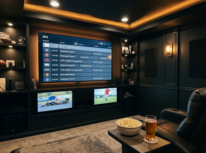 A black room with a large flat screen TV and a bowl of popcorn.