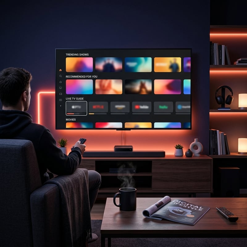 A man sitting on a couch in front of a flat screen TV that is displaying a menu of IPTV options.