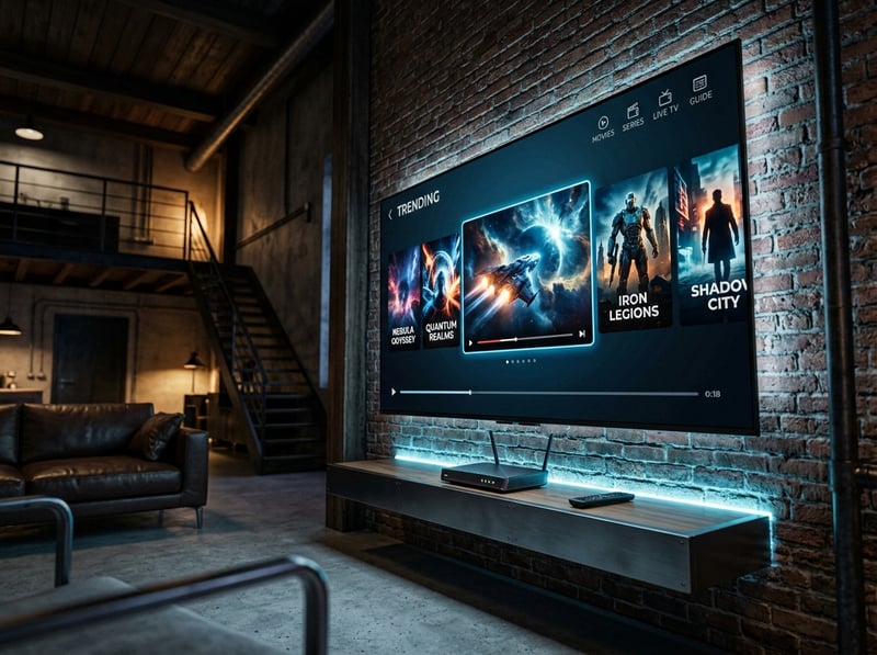 A large flat screen TV is mounted on a brick wall and displaying a movie.