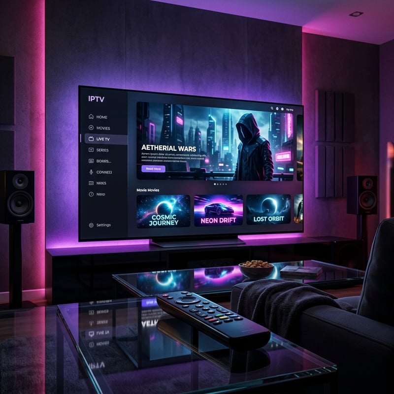 A large flat screen TV displaying a video game with the IPTV logo on the screen.
