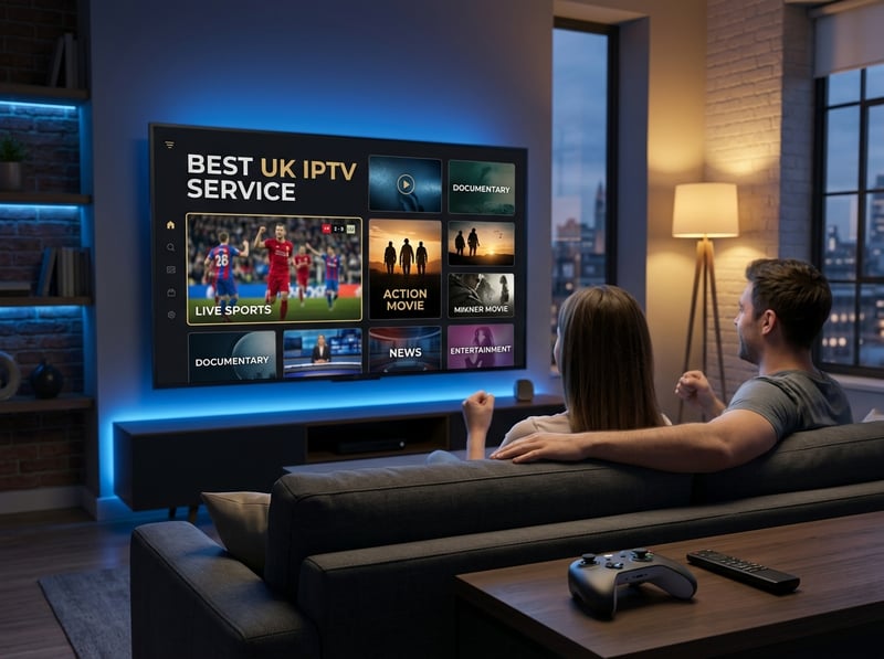 A man and woman are watching a flat screen TV that is displaying the best UK IPTV service.