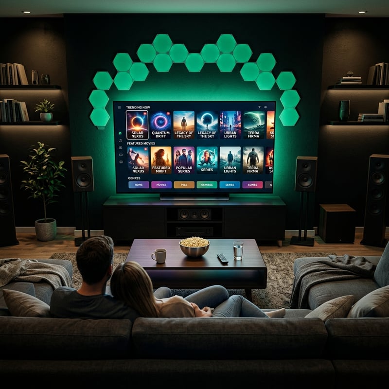 A couple sitting on a couch in front of a large flat screen TV with a selection of movies and shows displayed on it.