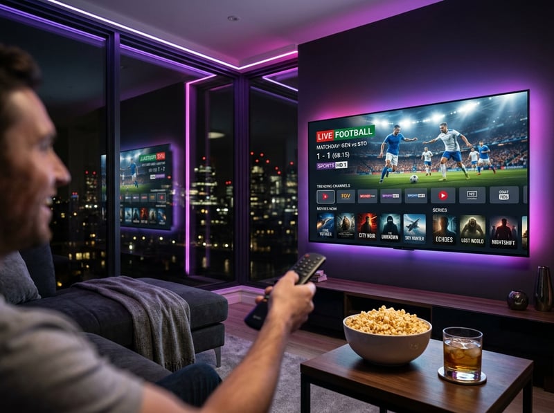 A man is holding a remote control in front of a flat screen TV that is displaying a football game.
