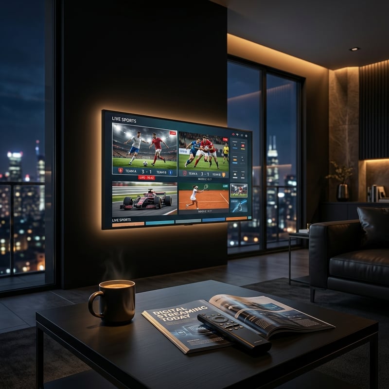 A flat screen TV displaying sports on a black table.