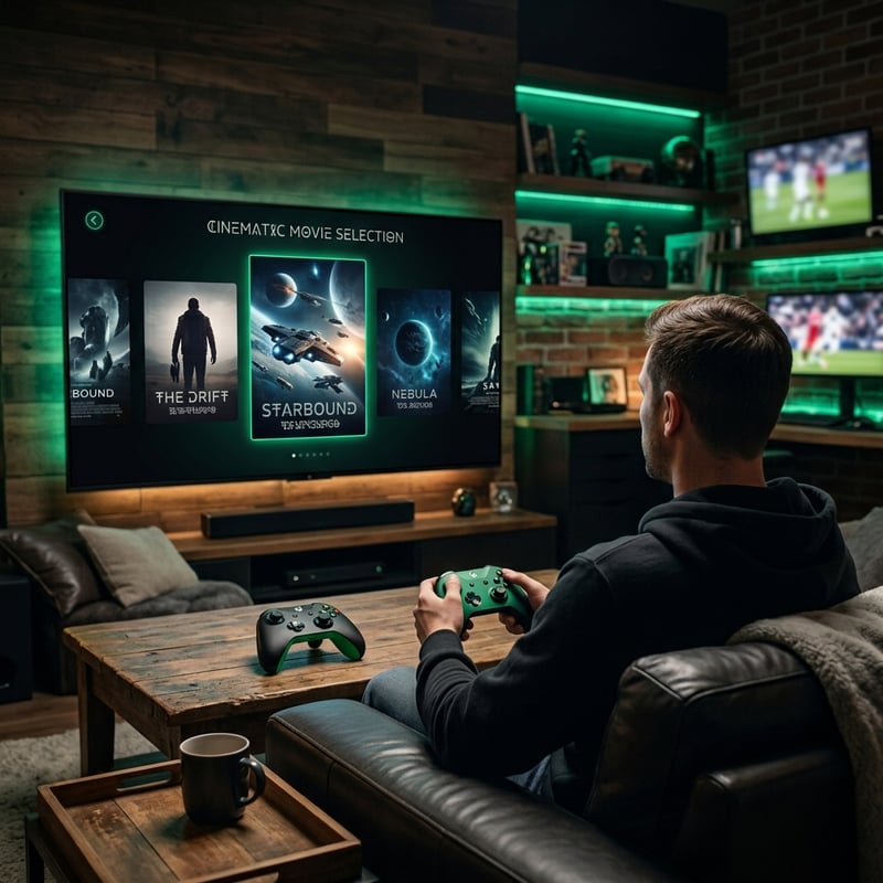 A man in a living room playing video games on an Xbox.