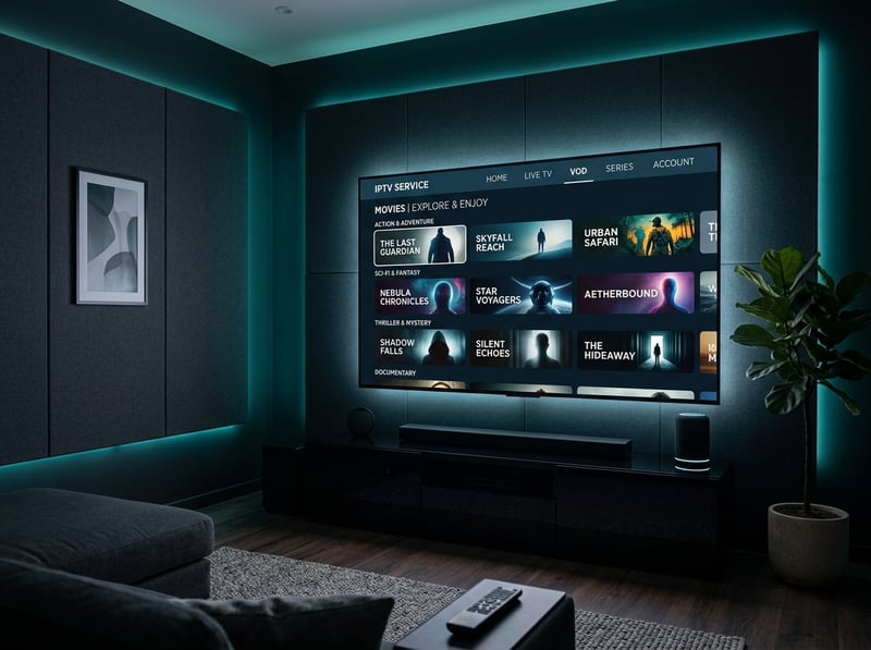 A large flat screen TV displaying a menu of movies and shows.