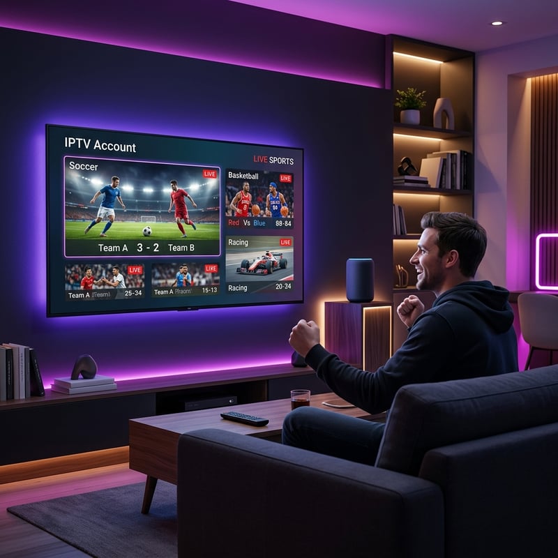 A man is sitting in a living room watching a TV with an IPTV account.