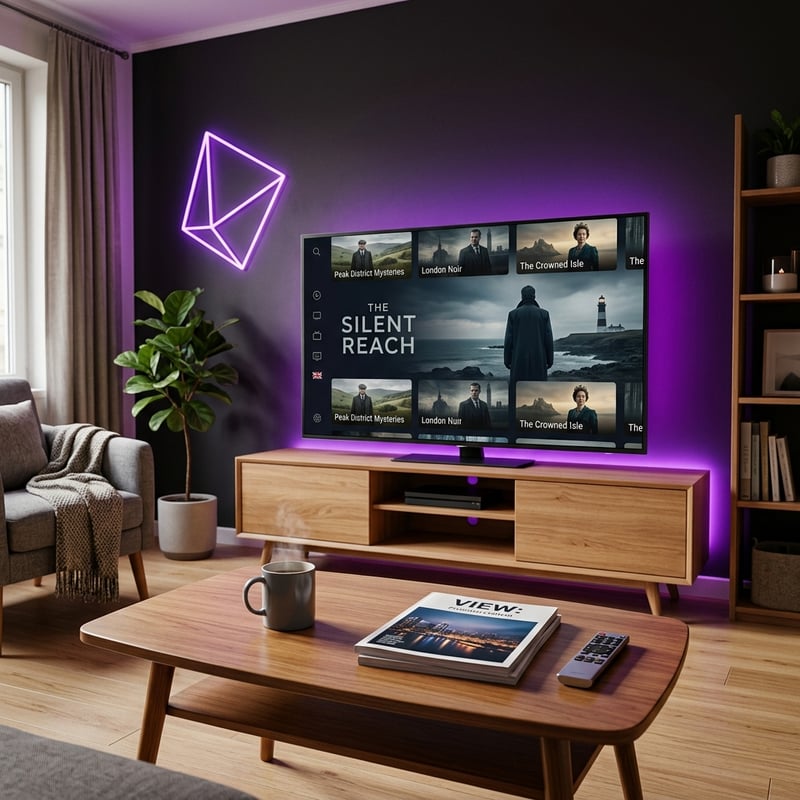 A large flat screen TV with a purple frame is turned on to a channel called Silent Reach.