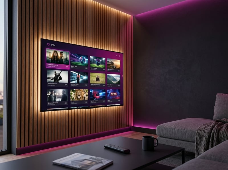 A large flat screen TV with IPTV on the screen.
