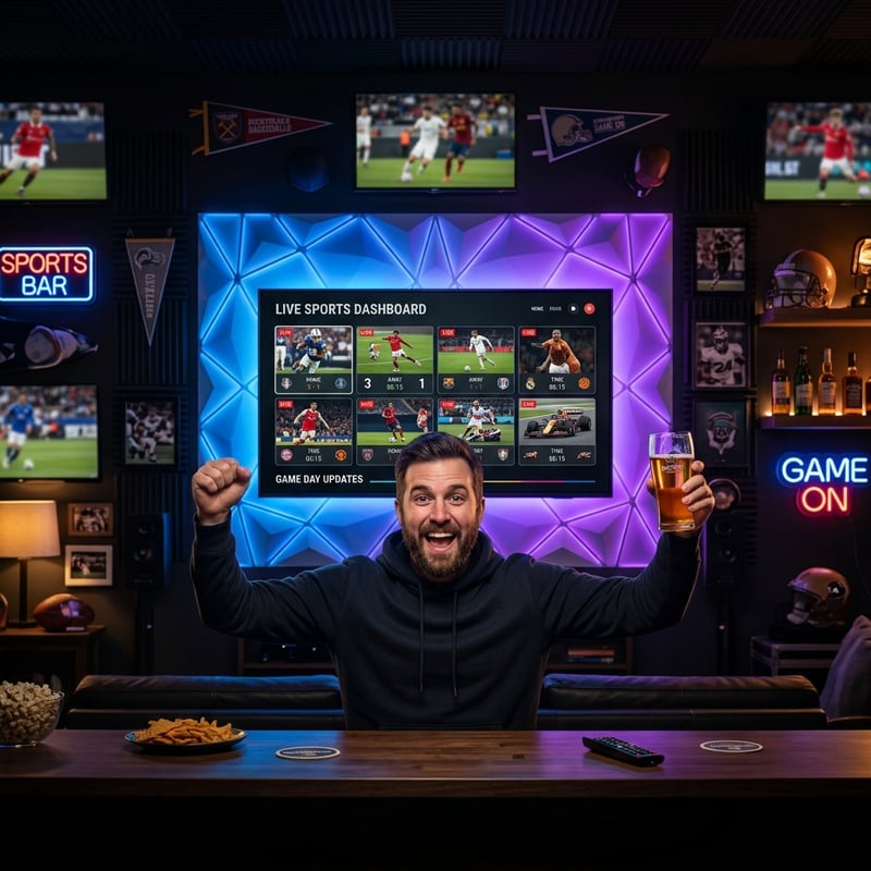A man is sitting in front of a large screen TV with multiple sports channels playing.