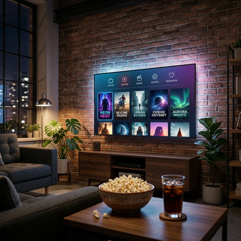 A large flat screen TV is mounted on a brick wall, displaying a variety of movies and shows.