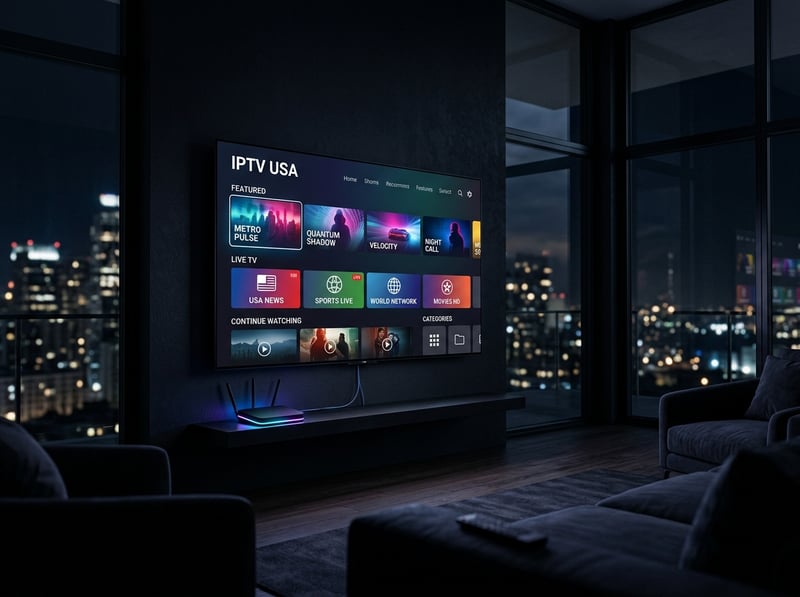 A large flat screen TV displaying the IPTV USA channel.