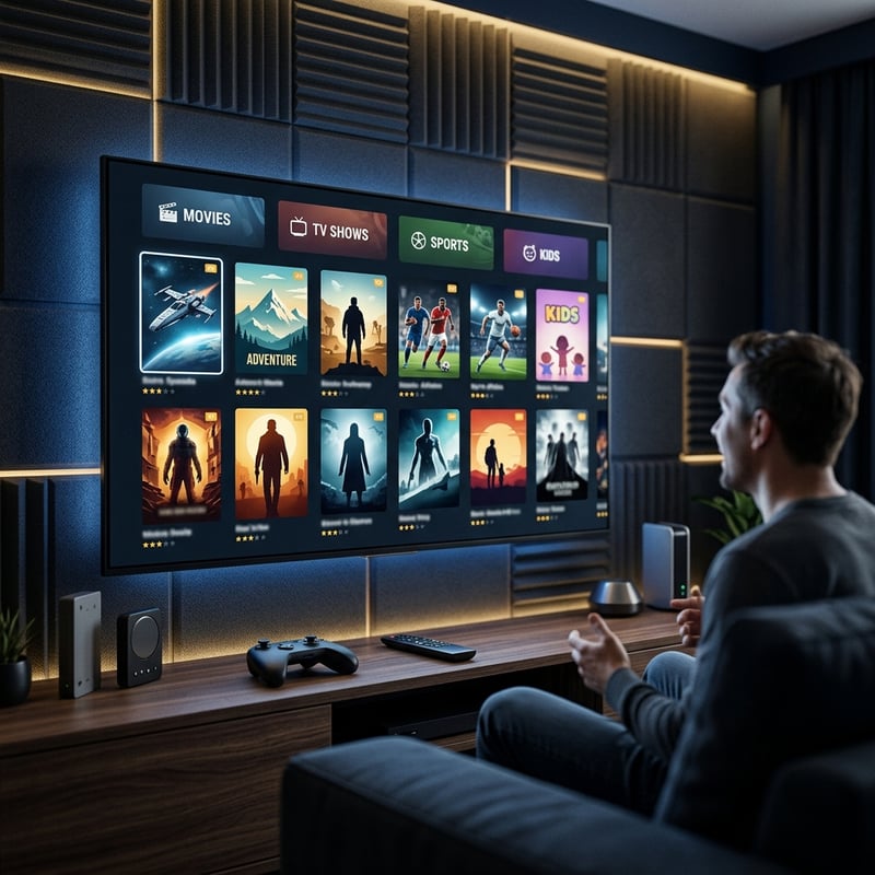 A man is sitting on a couch in front of a flat screen TV that is displaying a menu of movies and TV shows.