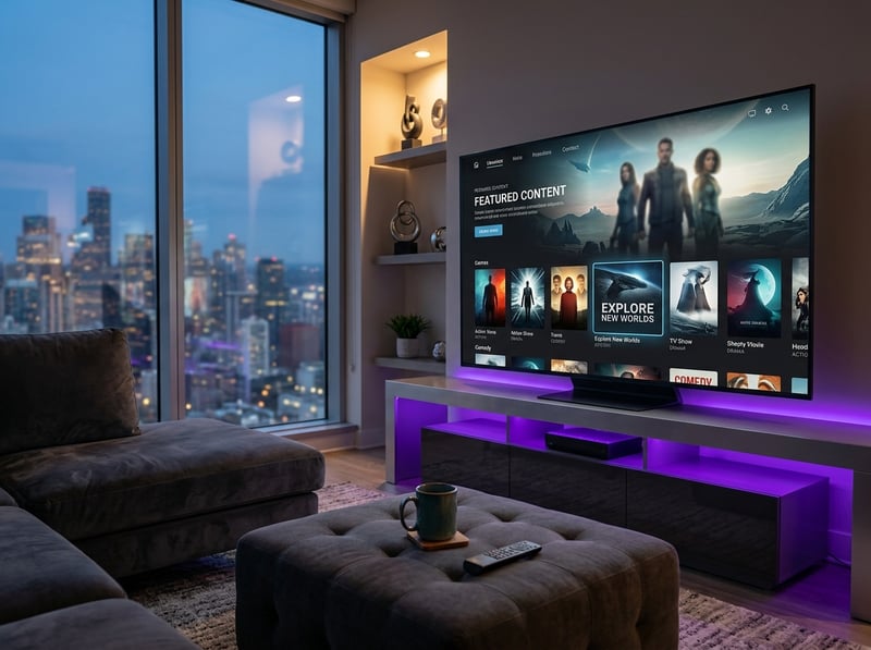 A large flat screen TV with a purple frame and a city view in the background.