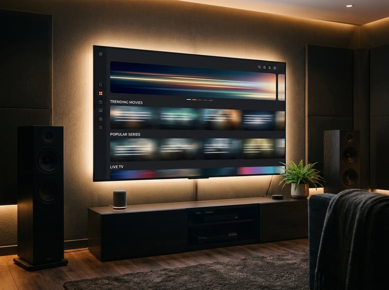 A large flat screen TV with a black frame and a screen displaying a list of movies.