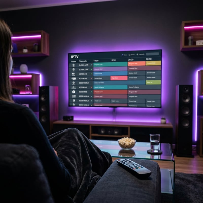 A woman sits on a couch in front of a large flat screen TV that is displaying a menu for IPTV.