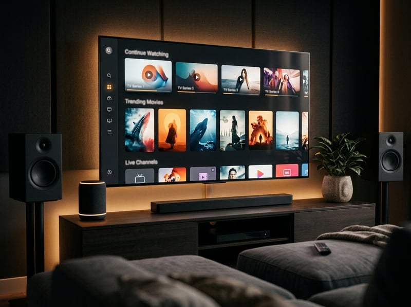 A large flat screen TV with a menu of movies and shows.