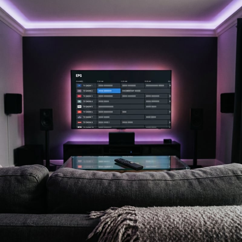 A large flat screen TV with the IPTV logo on it.