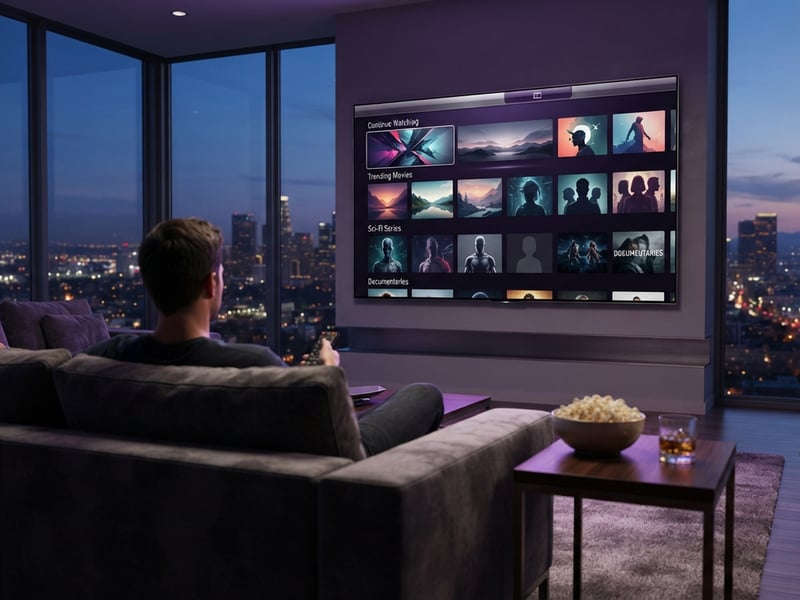 A man is sitting on a couch in front of a large flat screen TV.