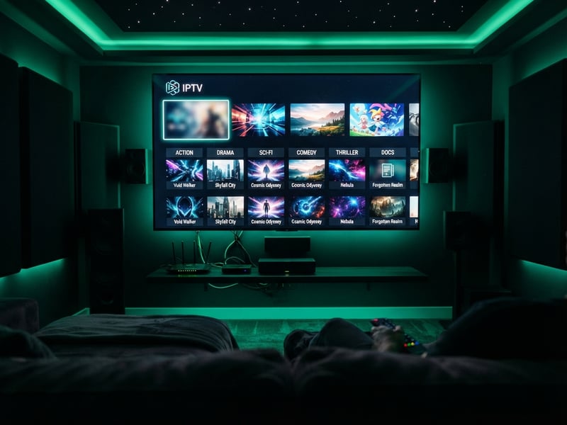 A man is sitting on a couch in front of a large screen TV that is displaying IPTV.