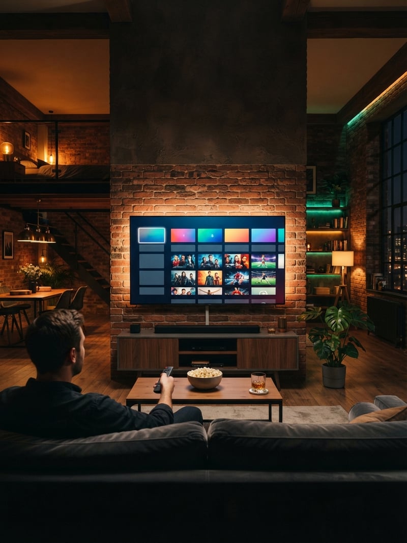 A man is sitting on a couch in front of a large flat screen TV.