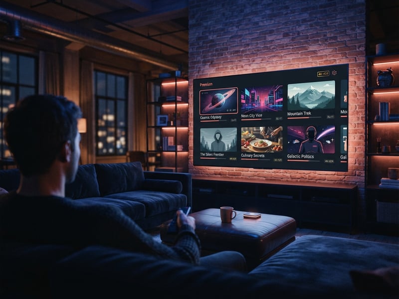 A man is sitting on a couch watching a flat screen TV.