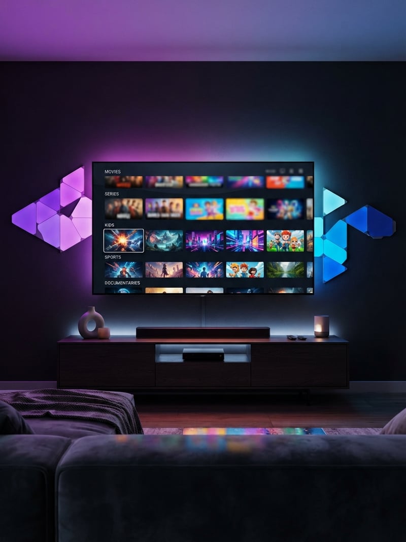 A flat screen TV with a blue and purple background displaying a variety of movies and shows.