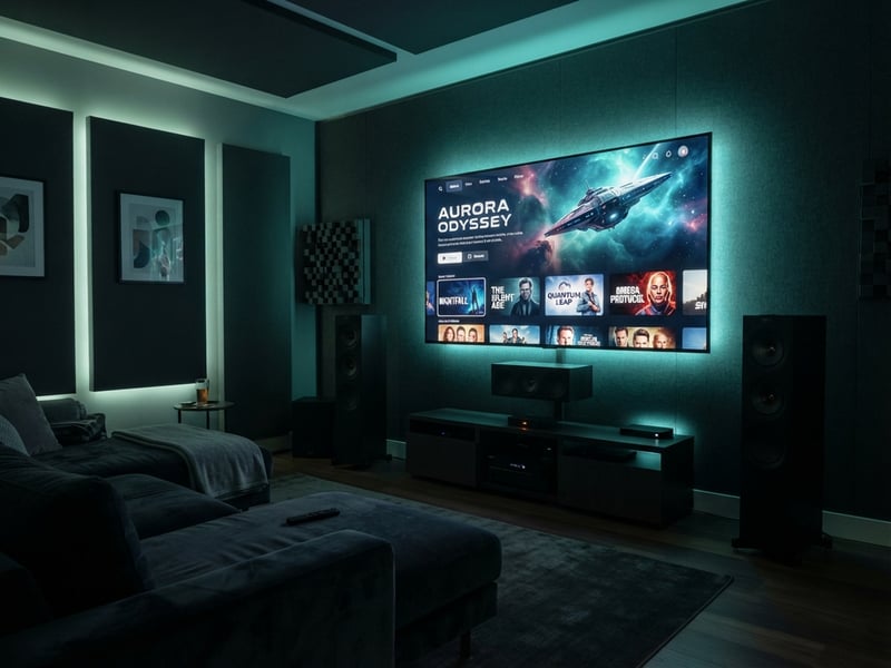 A large flat screen TV with a blue background and a picture of a spaceship on it.