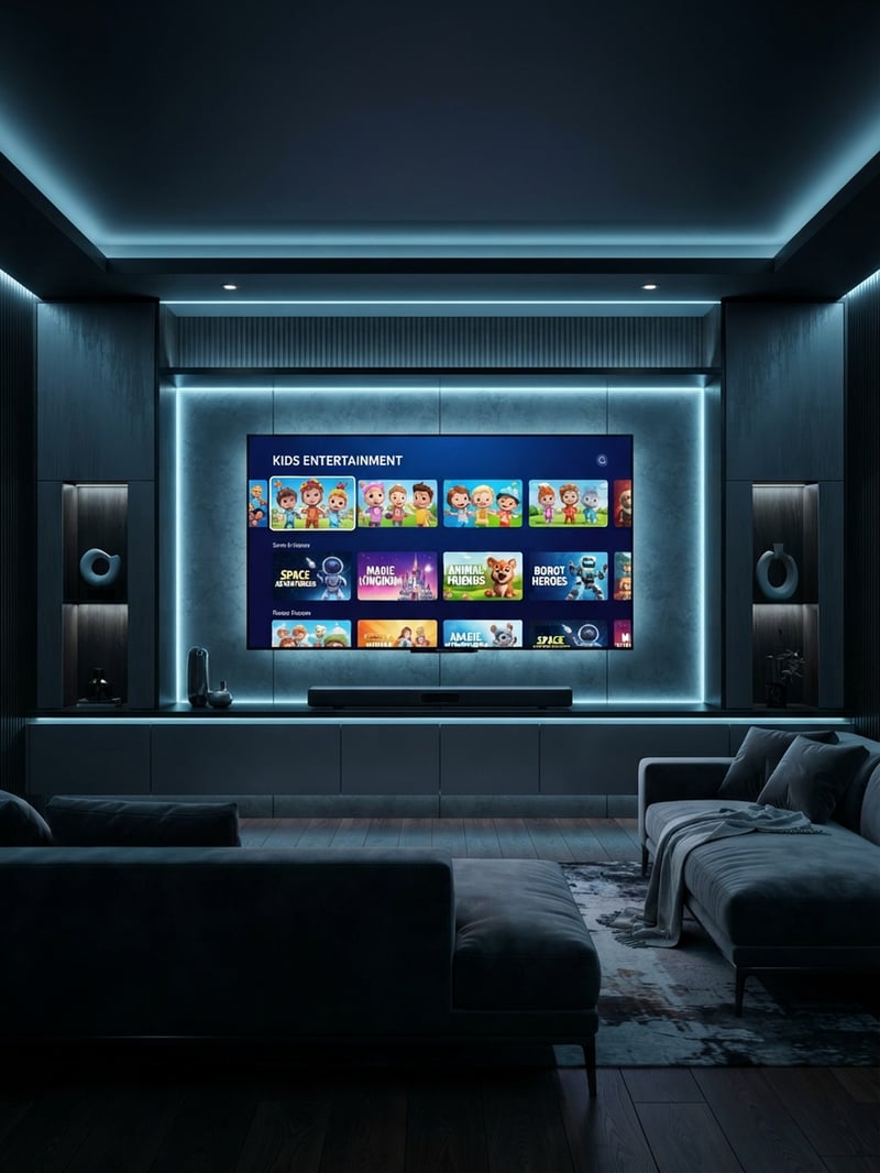 A large flat screen TV with a blue frame displaying a variety of movies and shows.